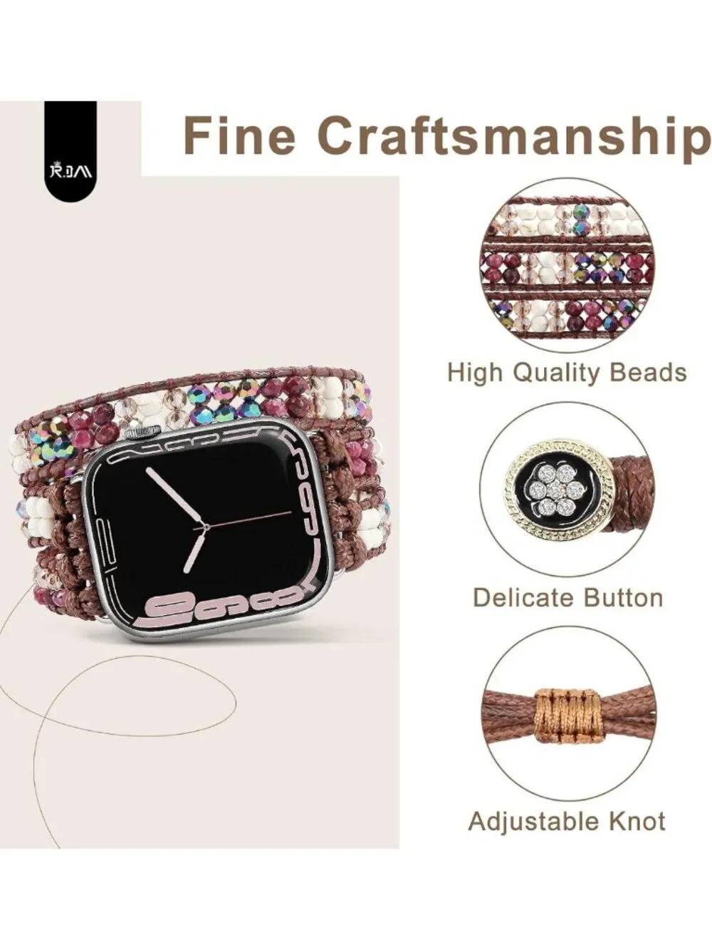 Boho Amethyst Beaded Band for Apple Watch 38mm 40mm 41mm Adjustable Handmade